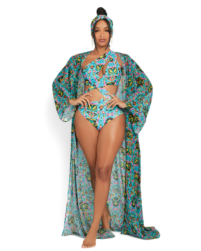 The Mondrian Teal Abstract Water Color Kimono
